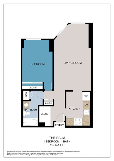 Floor plan for 1 bed, 1 bath, 742 sqft